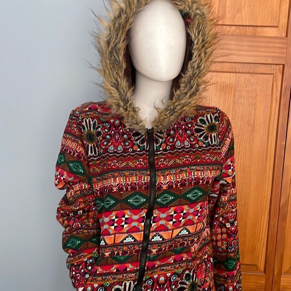 Fur lined hooded jacket Aztec Tribal Medium